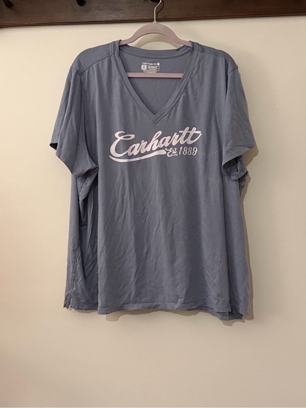 Carhartt Women's V-Neck Logo Tee in Dusty Blue with White Script